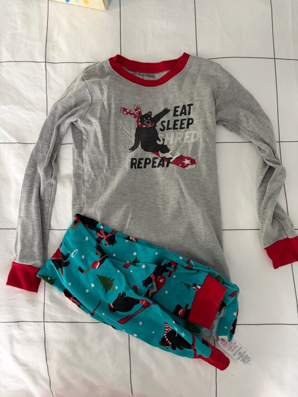 Little Blue House Kids Ski Grey and Teal Bear Pajama Set with Red Trim, 8